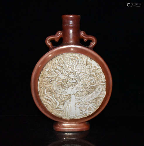 A Chinese Violet gold Glazed Dragon Ears Porcelain Oblate Vase