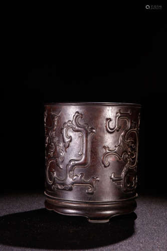 A Chinese Dragon Carved Red Sandalwood Brush Pot
