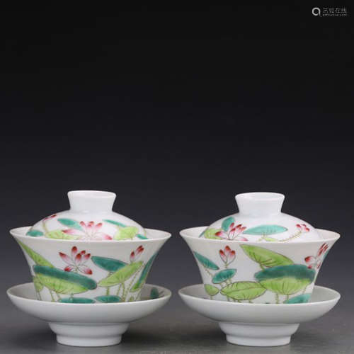 A Pair of Chinese Famille Rose Lotus Painted Porcelain Bowls