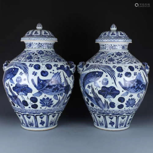 A Pair of Chinese Blue and White Floral Porcelain Jar