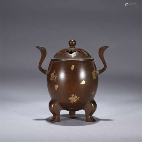 A Chinese Gild Double Ears Copper Incense Burner