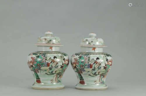A Chinese Multi Colored Figures Painted Porcelain Jar with Cover