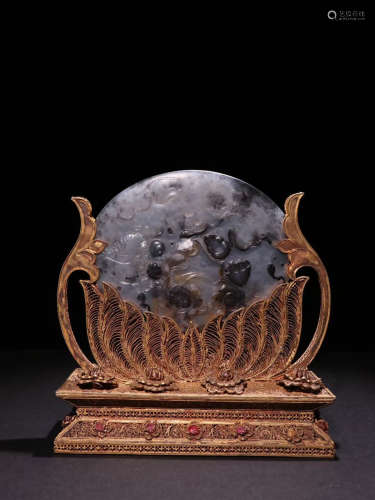 A Chinese Agate Inlaid Filigree Gild Silver Screen Ornament