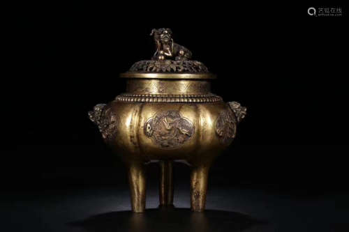 A Chinese Beast Pattern Gild Copper Incense Burner
