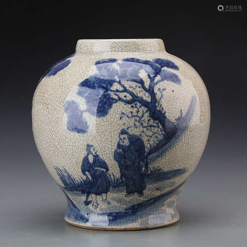A Chinese Blue and White Figure Painted Porcelain Jar with Cover