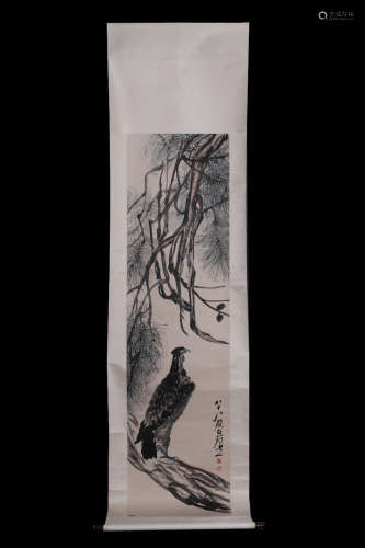 A Chinese Eagle Painting Scroll, Qi Baishi Mark