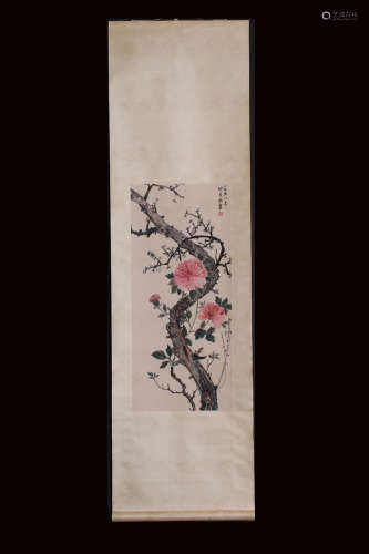 A Chinese Plum Blossom Painting Scroll, He Xiangning Mark