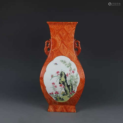 A Chinese Wood Grain Glaze Enamel Floral Porcelain Square Zun