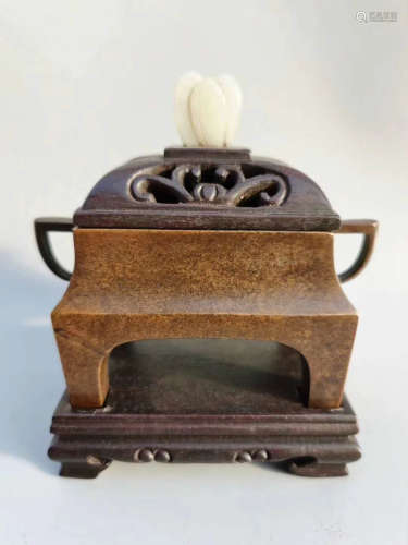 A Chinese Copper Incense Burner with Rosewood Cover