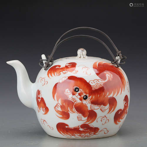 A Chinese Iron red Lion Painted Porcelain Teapot