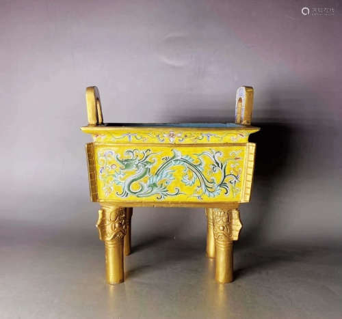 A Chinese Gild Copper Dragon Painted Square Vessel