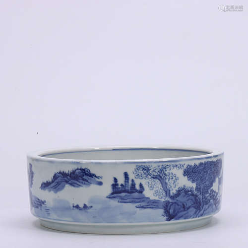 A Chinese Blue and White Landscape Porcelain Brush Washer