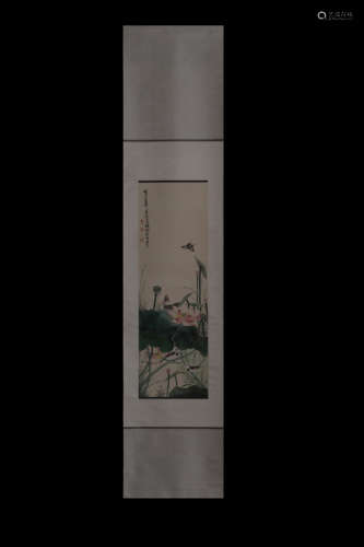 A Chinese Lotus Painting Scroll, Xie Zhiliu Mark