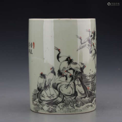 A Chinese Ink Colored Crane Painted Porcelain Brush Pot