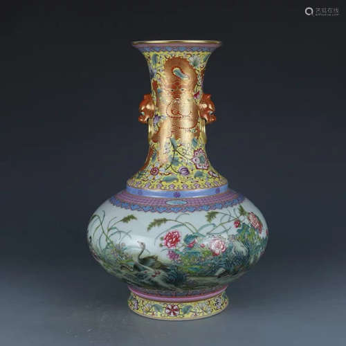 A Chinese Famille Rose Floral Porcelain Double Ears Vase