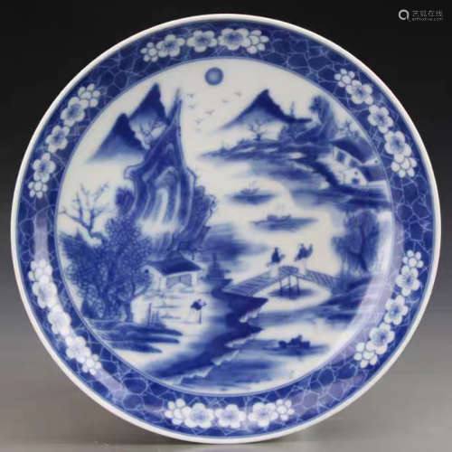 A Chinese Blue and White Landscape Porcelain Plate