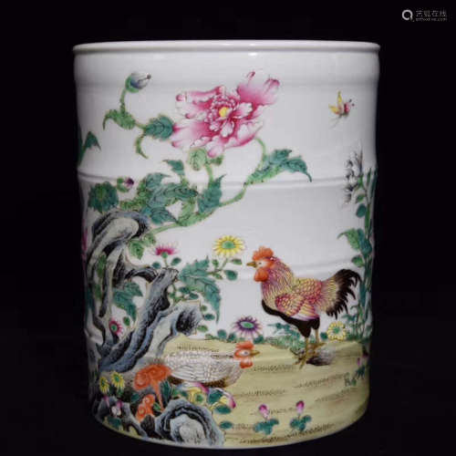 A Chinese Famille Rose Flower&Bird Pattern Porcelain Brush Pot