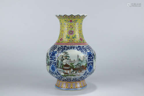 A Chinese Famille Rose Landscape Porcelain Vase