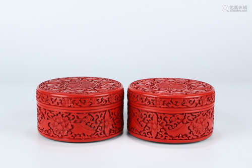 A Pair of Chinese Bat Carved Lacquerware Boxes