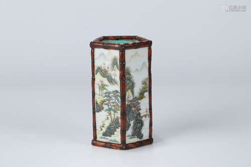 A Chinese Famille Rose Landscape Porcelain Brush Pot