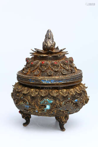 A Chinese Gild Silver Blueing Incense Burner