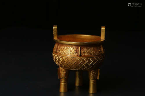 A Chinese Gild Copper Three-legged Double Ears Vessel