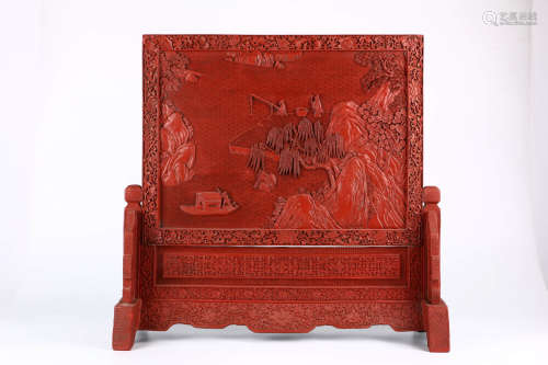 A Chinese Landscape Carved Red Lacquerware Table Screen