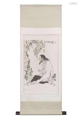 A Chinese Figure Painting Scroll, Zhang Shizeng Mark
