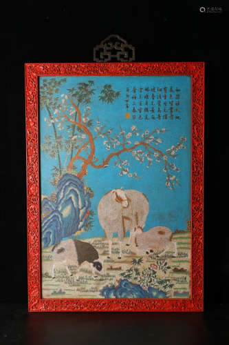 A Chinese Sheep Painted Lacquerware Hanging Screen