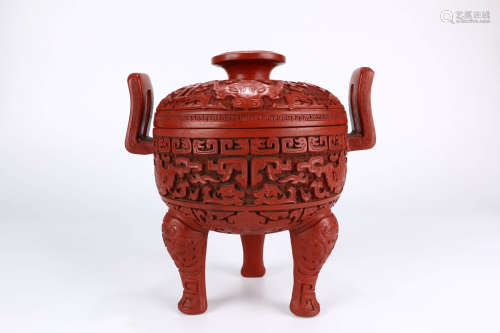 A Chinese Double Ears Lacquerware Incense Burner