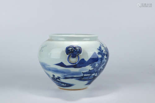 A Chinese Blue and White Landscape Porcelain Vat
