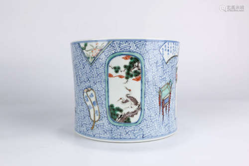 A Chinese Blue and White Figure Painted Porcelain Brush Pot