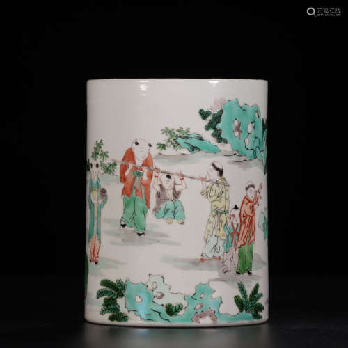A Chinese Multi Colored Painted Porcelain Brush Pot