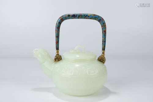 A Chinese Cloisonne Hetian Jade Teapot