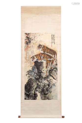 A Chinese Tiger Painting Scroll, Hu Shuangyan Mark