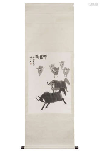 A Chinese Cow Painting Scroll, Wu Zuoren Mark