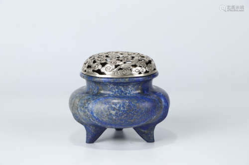 A Chinese Lasurite Three-legged Carved with Silver Cover