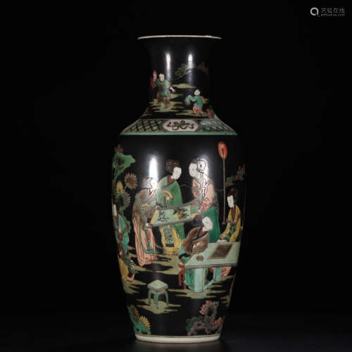 A Chinese Black Background Multi Colored Figure Painted Porcelain Vase
