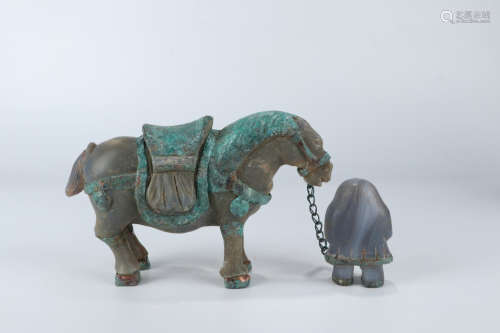 A Chinese Bronze Agate Horse and Figure Ornament
