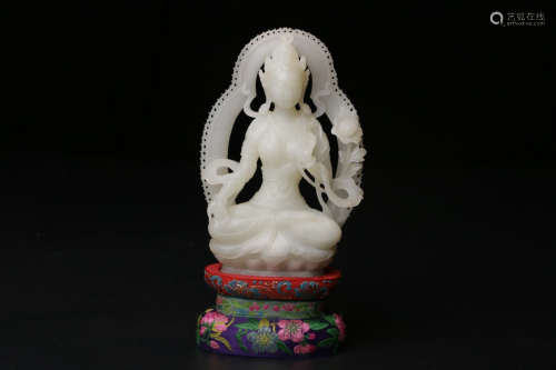 A Chinese Carved Hetian Jade Guanyin Statue