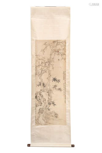 A Chinese Flower Painting Scroll, Wang Shishen Mark