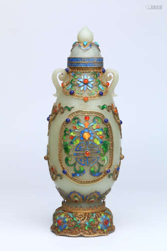 A Chinese Silver Blueing Inlaid Hetian Jade Vase