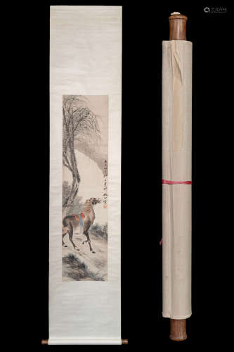 A Chinese Horse Painting Scroll, Ni Tian Mark
