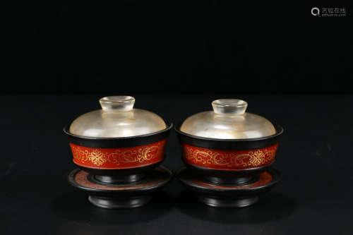 A Pair of Chinese Red lacquerware Crystal Cups