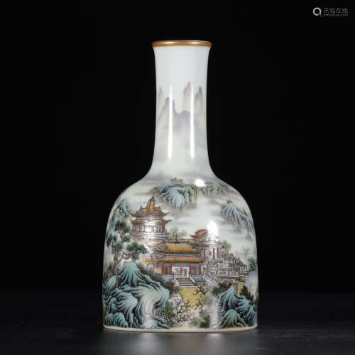 A Chinese Famille Rose Gild Landscape Porcelain Bell-shaped Zun