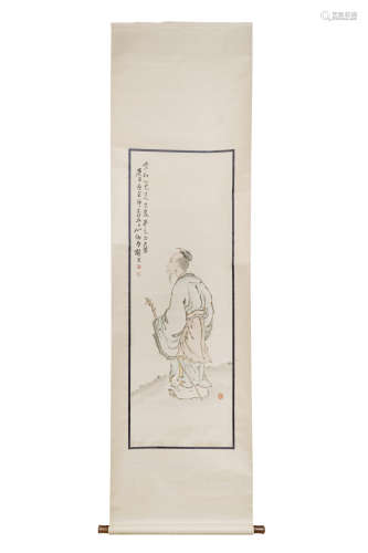 A Chinese Figure Painting Scroll, Hu Shu Mark