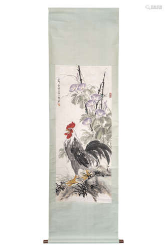 A Chinese Cock Painting Scroll, Qi Baishi Mark