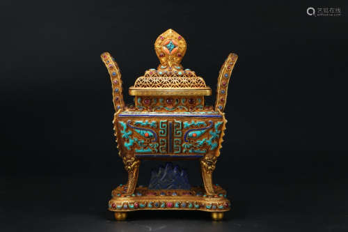 A Chinese kallaite Inlaid Gild Copper Incense Burner