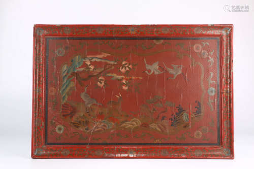 A Chinese Deer and Crane Painted Lacquerware Plate