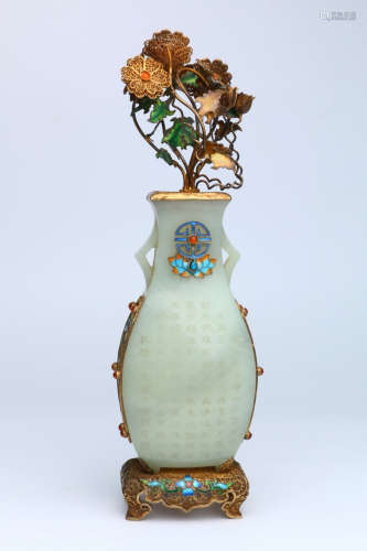 A Chinese Silver Gild Inscribed Hetian Jade Vase